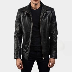 Classic black men's leather jacket with a zip-up front and sleek design