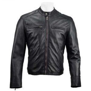 Classic Men's black leather jacket with a slim fit and zippered front