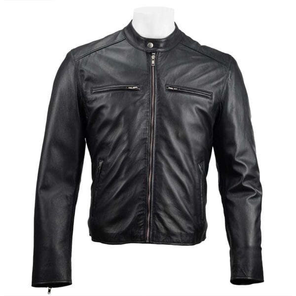 Classic Men's black leather jacket with a slim fit and zippered front