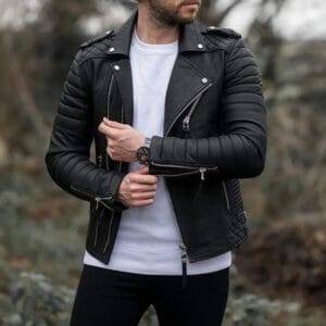 Modern black biker-style leather jacket for men
