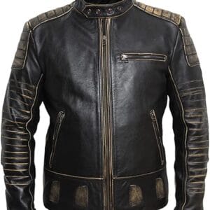 Vintage motorcycle jacket with a distressed leather finish, classic design, and durable stitching, ideal for a retro biker look