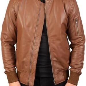 Men's leather brown bomber jacket with classic design and zip-up front, featuring durable material and stylish fit