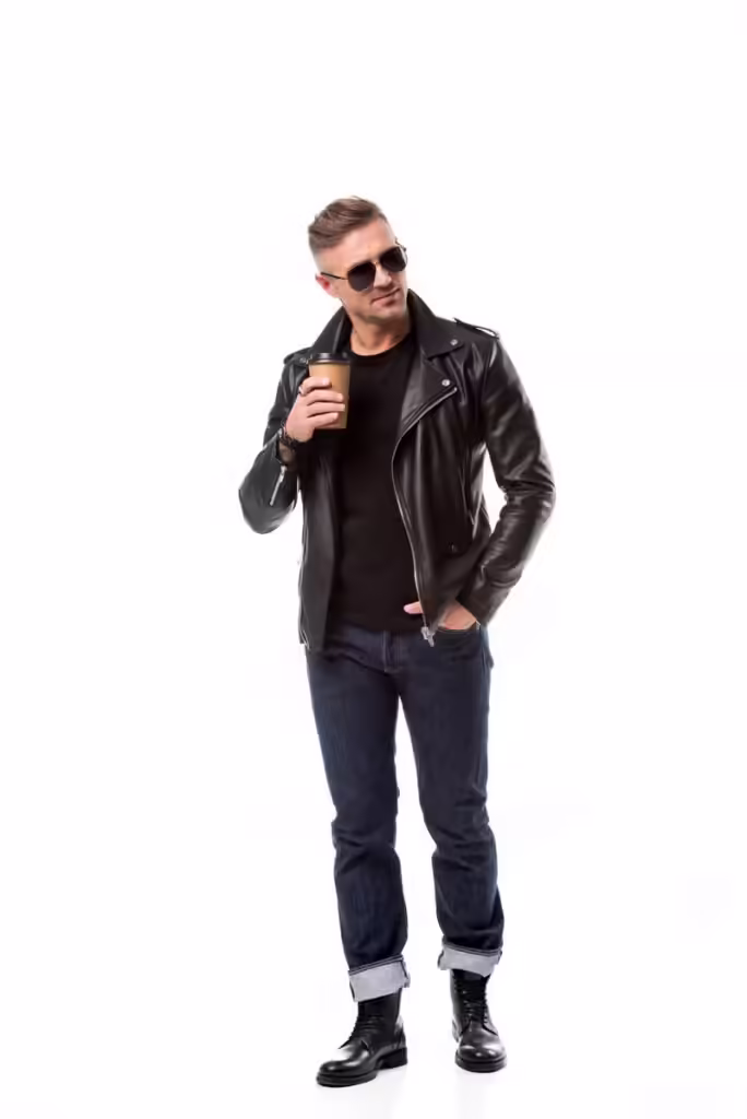 Classic motorcycle jacket for men, featuring a durable leather design with an asymmetrical zipper.
