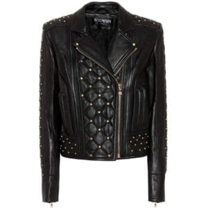 Women’s leather jacket in sleek black with a fitted design, featuring a zip closure and stylish collar for a chic, modern look.