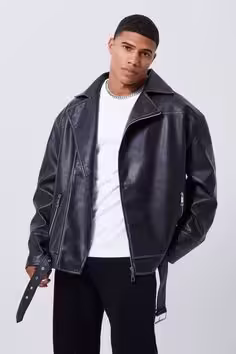 Oversized leather jacket for men with a relaxed fit, perfect for casual or layered outfits.