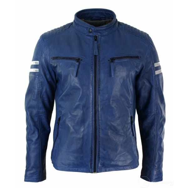 Blue Leather Motorcycle Jacket Men's leather motorcycle jacket with rugged design, protective padding, and zipper closure, ideal for bikers