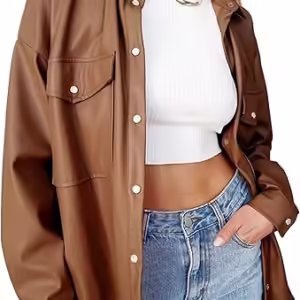 women's brown leather coat for stylish look.