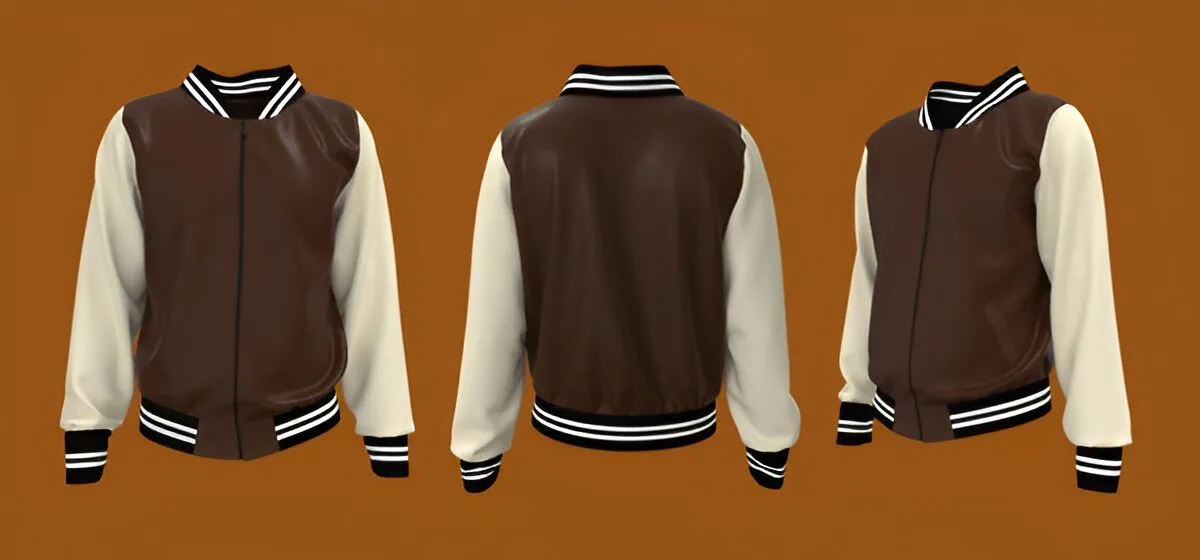 Front and back view of a men’s varsity leather jacket with sporty detailing, showing how to style leather jacket men in 2025 trends.