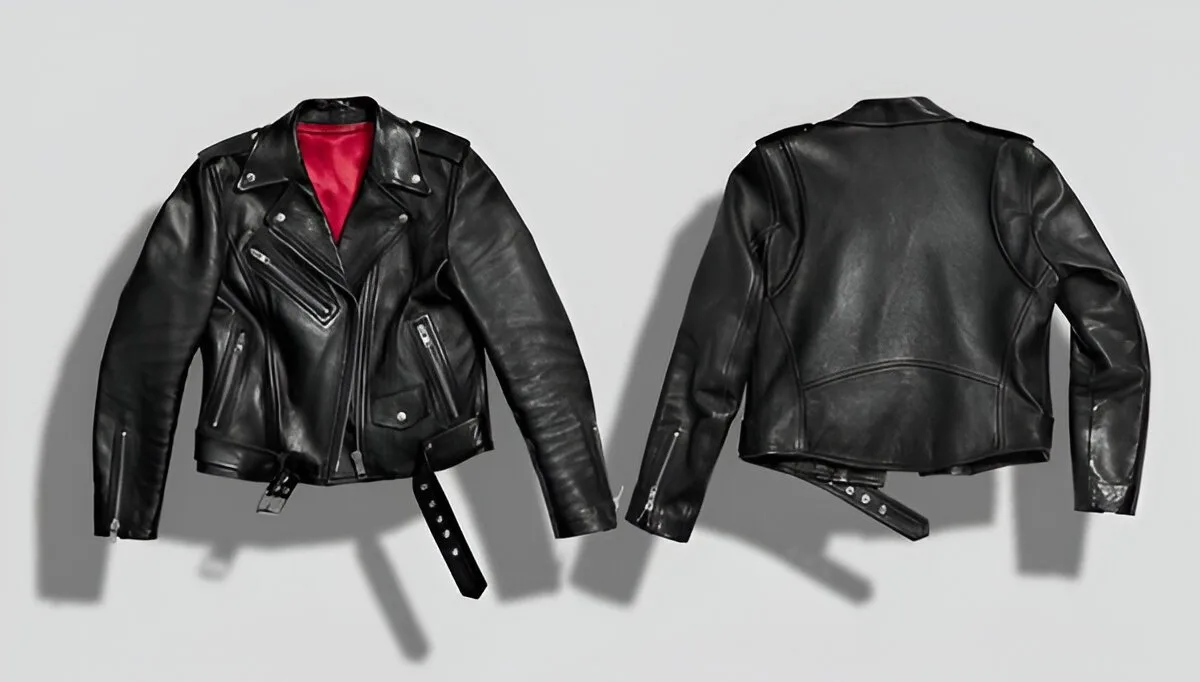 Front and back view of a classic biker leather jacket for men, showing outfit ideas on how to style leather jacket men in 2025.