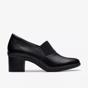 Black leather women’s heels with cushioned lining and stable heel design.
