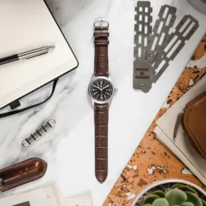 genuine leather watch straps in black and brown with custom size options.